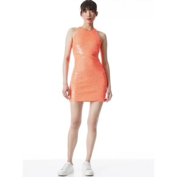 Alice + Olivia Cara Cara Orange Sequin Mini Dress Size 2 Party Look - Picture 1 of 5